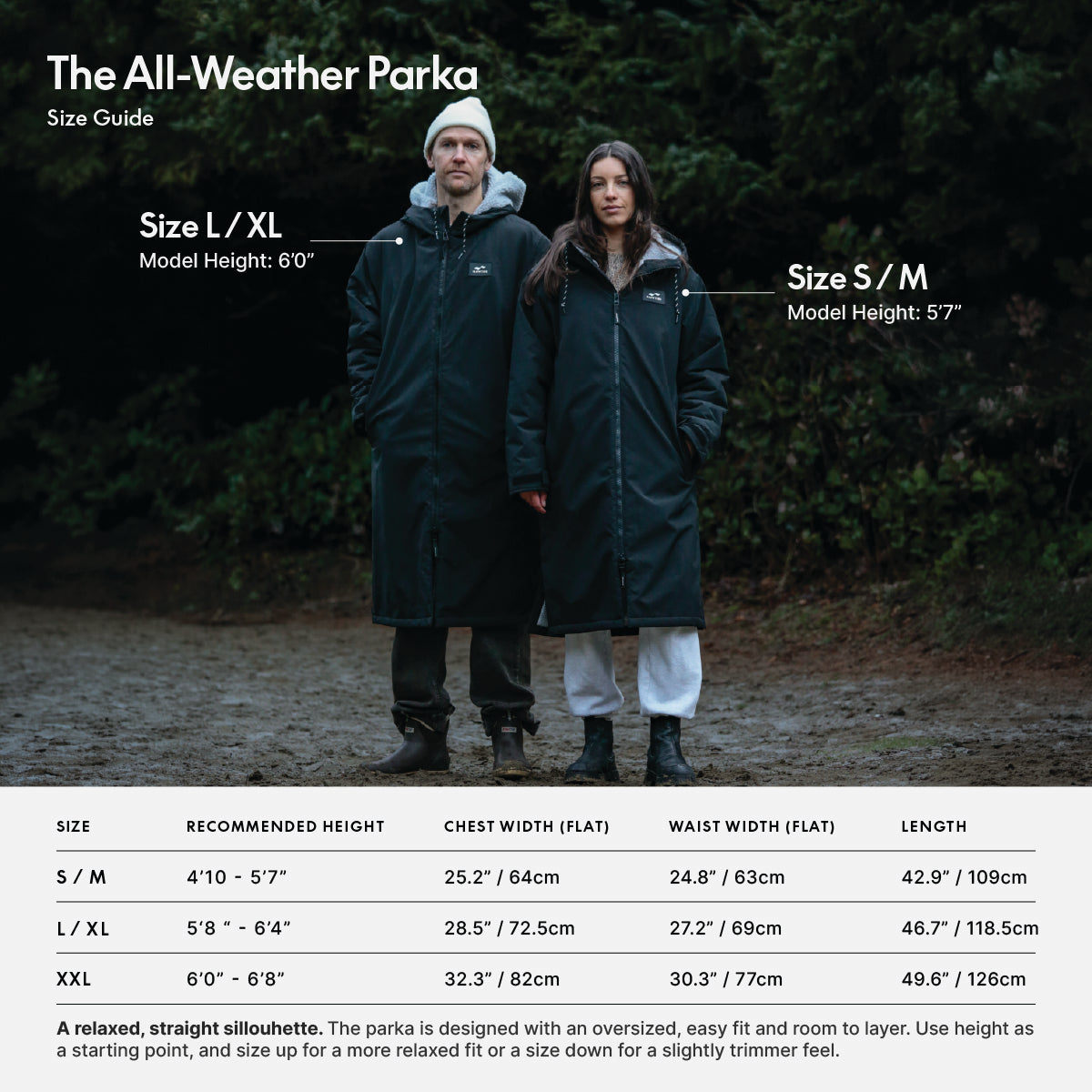 Waterproof insulated parka size and measurement chart.