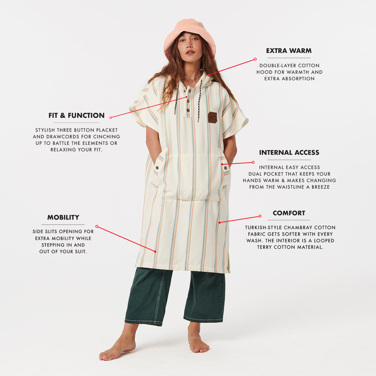 Baja Stripe Fouta Lightweight Turkish Poncho - Cream