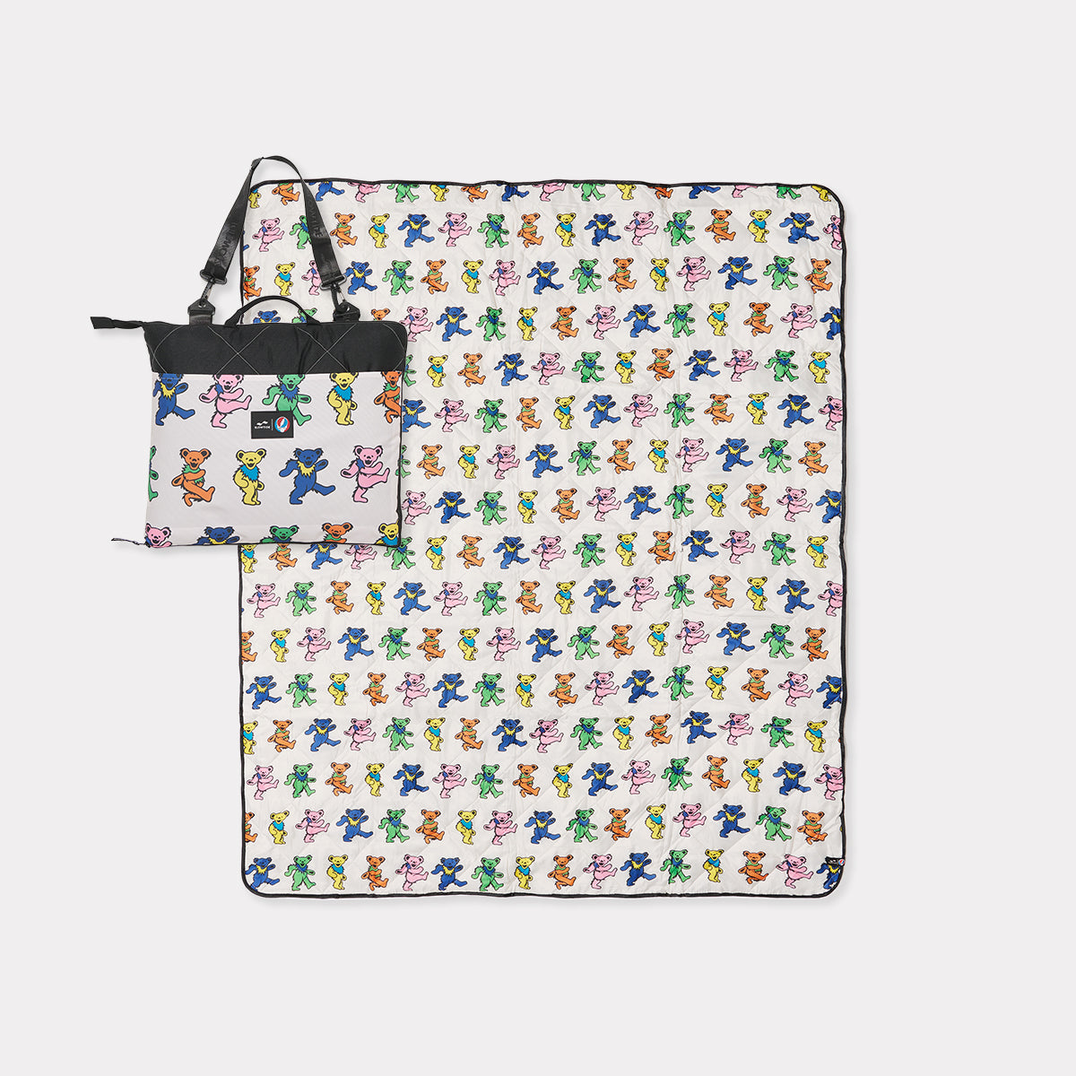 Picnic blanket with Dancing Bears pattern, water-resistant, includes carrying bag.