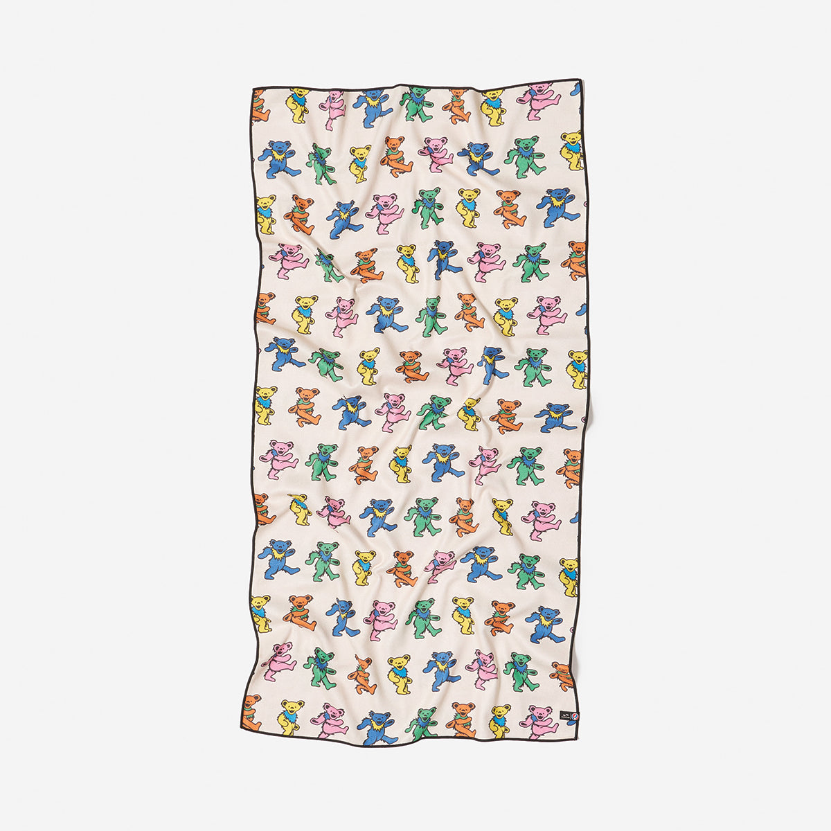 Quick-dry recycled towel with colorful dancing bears pattern on white background.