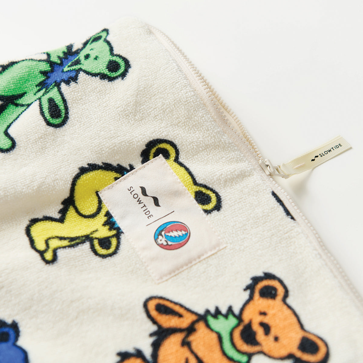 Terry pouch with white dancing bears pattern and zipper, ideal for travel organization.