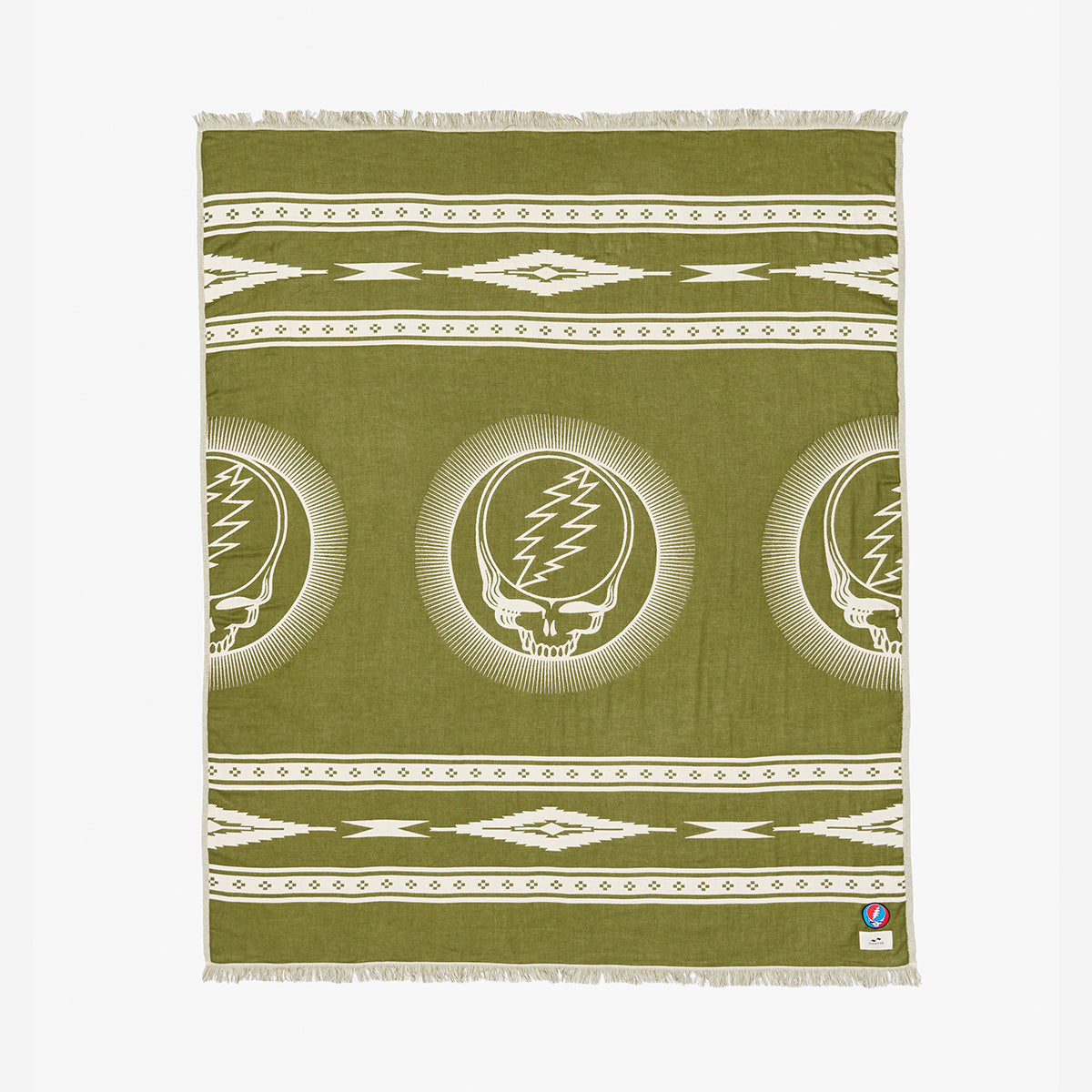 Quick dry olive green towel with white geometric patterns and skull lightning bolt logos.
