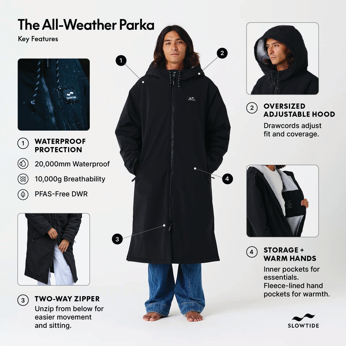 Black waterproof parka with two-way zipper and fleece-lined pockets.