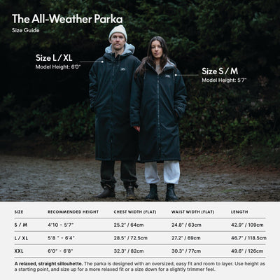 Waterproof insulated parka size and measurement chart.