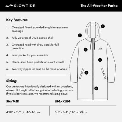 All-weather parka with waterproof shell and insulated lining for cold, wet conditions.