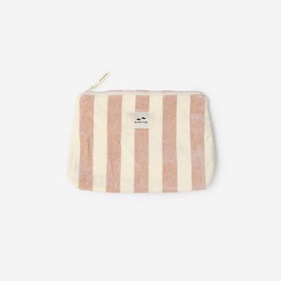 Cotton canvas bag with light pink stripes and zipper, used as a stylish organizer.