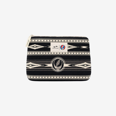 Zip pouch with black and white geometric print and two small front logos.