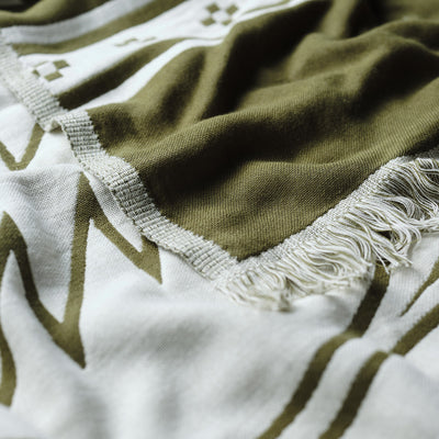 Outdoor fabric, olive green and white Driftweave pattern, close-up texture.