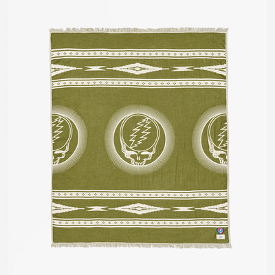 Quick dry olive green towel with white geometric patterns and skull lightning bolt logos.