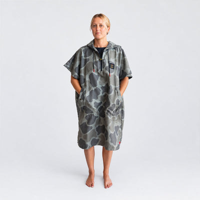 Camo-pattern surf changing poncho with front pockets.