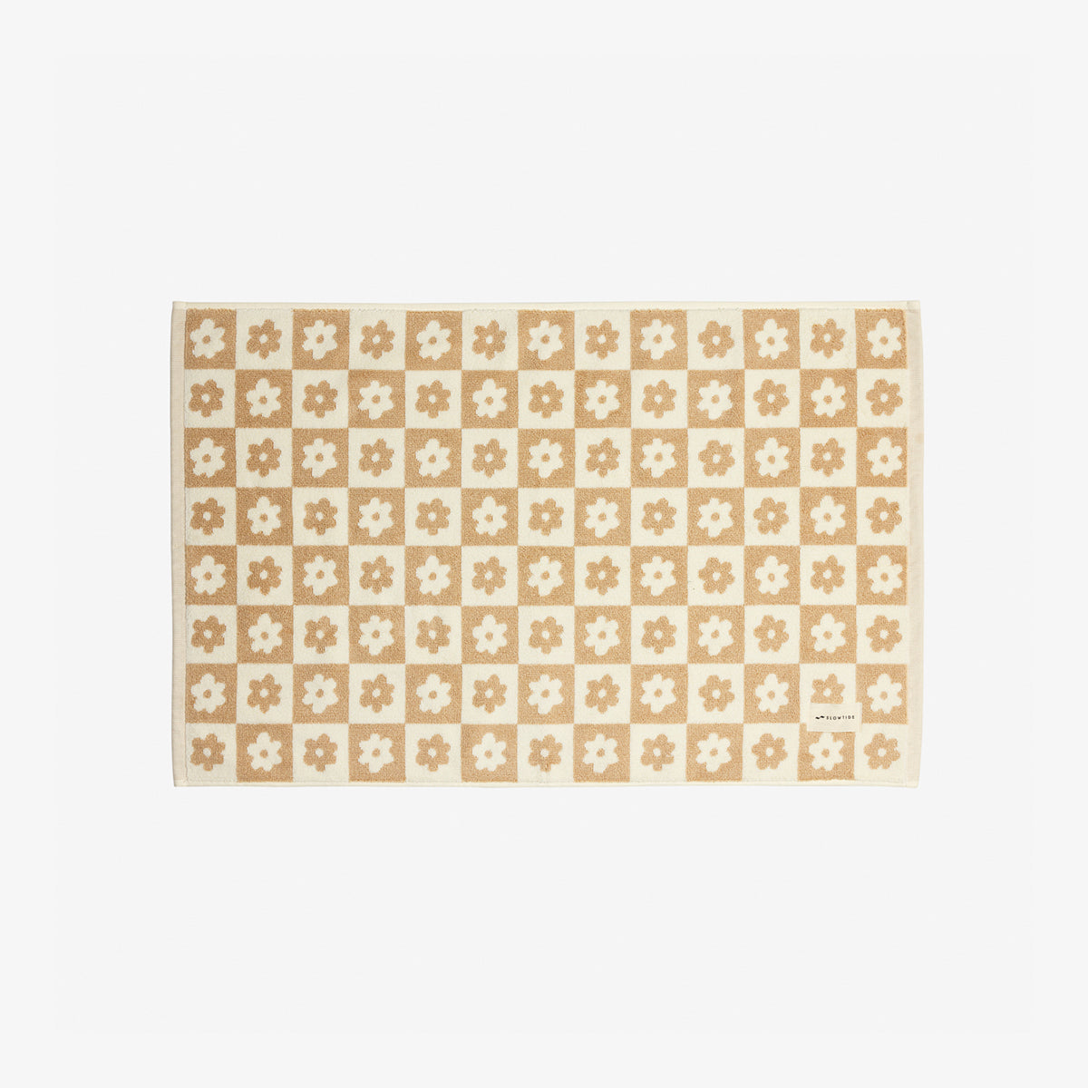 Beige rectangular mat with checkerboard pattern, oversized towel style.