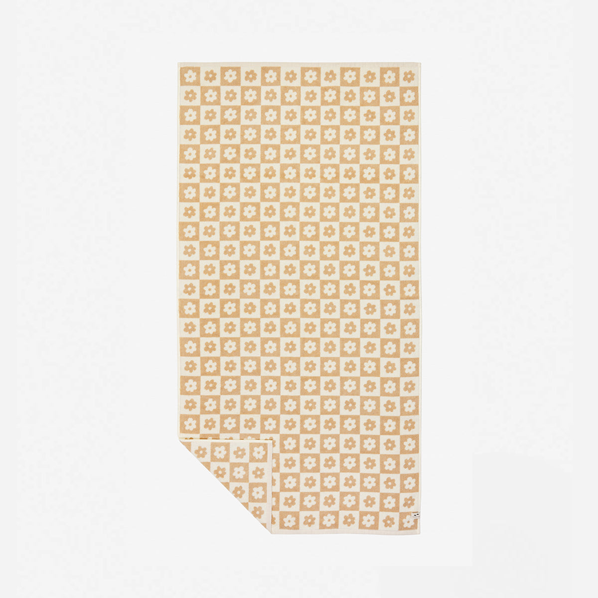 Cotton towel with beige and white floral checkerboard pattern.