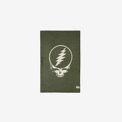 Kitchen towel, cotton, olive green with white skull and lightning bolt graphic.