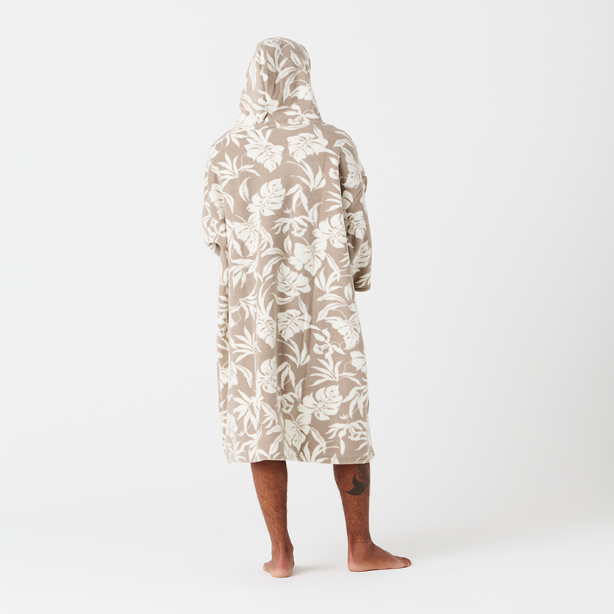 Poncho hooded robe in beige and white tropical print fleece.
