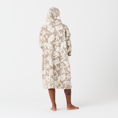 Poncho hooded robe in beige and white tropical print fleece.