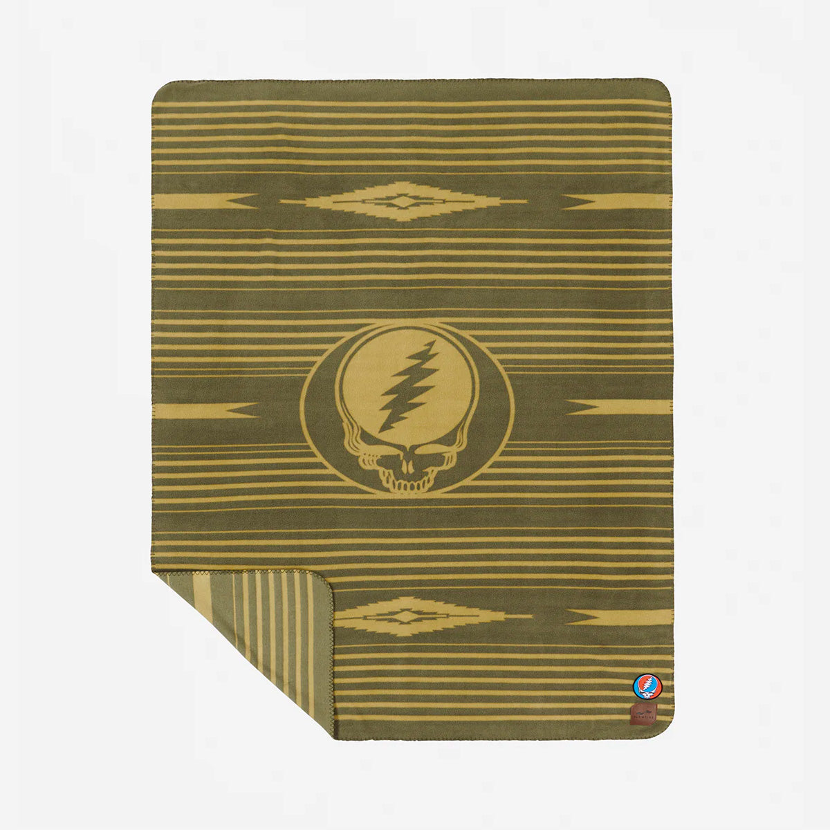 Fleece blanket with olive and yellow stripes and lightning skull pattern.
