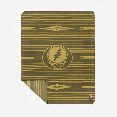Fleece blanket with olive and yellow stripes and lightning skull pattern.