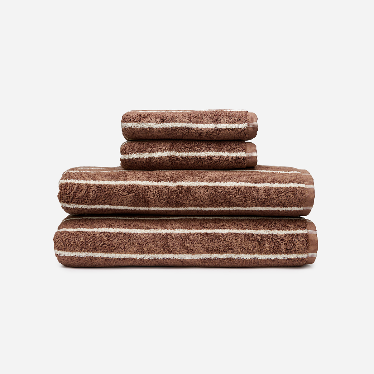 Bath towel bundle, plush material, brown and beige stripes, high absorbency.