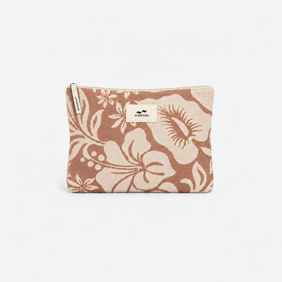 Beige fabric pouch with brown floral pattern, suitable for storing towels or small items.
