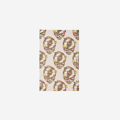Kitchen towel, beige cotton with brown, yellow, and orange botanical print on fabric.