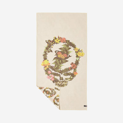 Beige quick-dry towel with floral and butterfly skull wreath design.