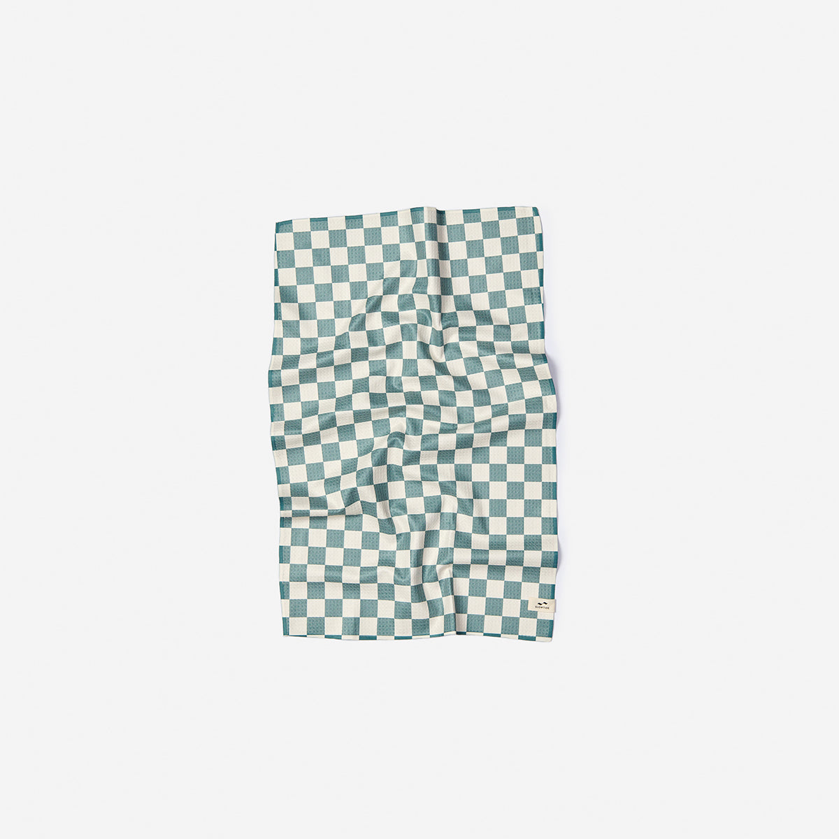 Kitchen towel with green and white checkerboard pattern, laid flat.