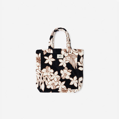 Cotton canvas tote bag, beige and brown with black floral print and handles.