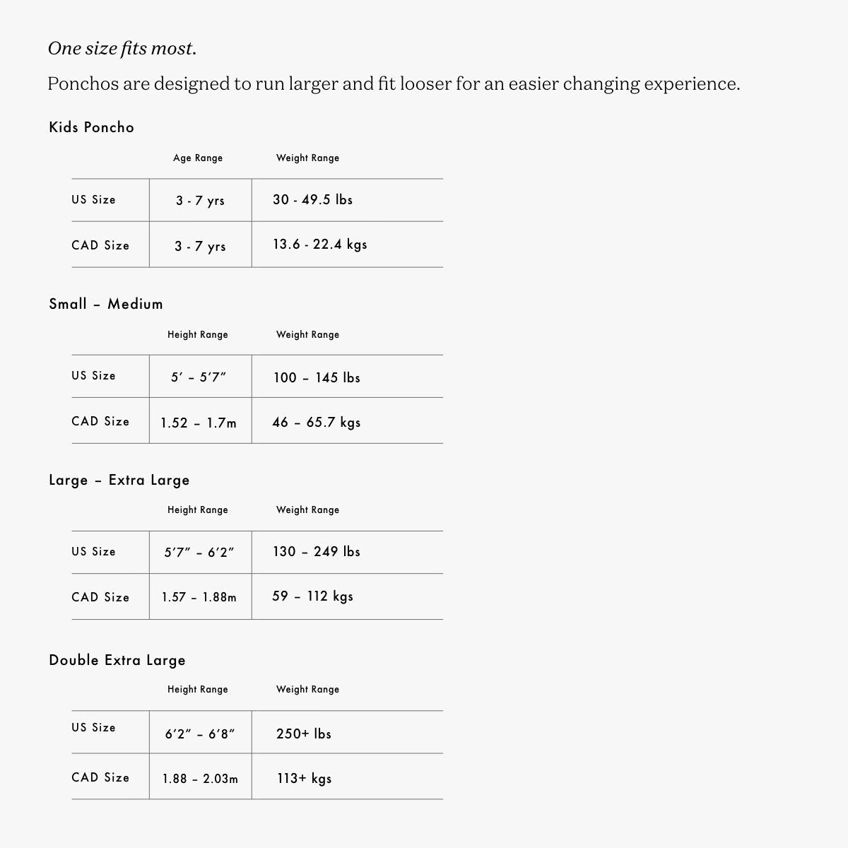 Towel poncho size chart with age, height, and weight guidance for each size option.