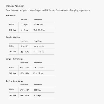 Towel poncho sizing chart, extra-warm absorbent material, kids to XXL sizes shown.