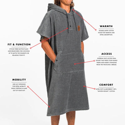 Gray cotton terry poncho with short sleeves, pockets, and button details for changing.