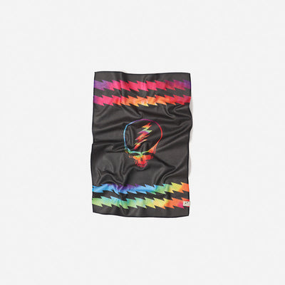 Swimsuit, black quick-dry fabric with rainbow skull and lightning bolt pattern.