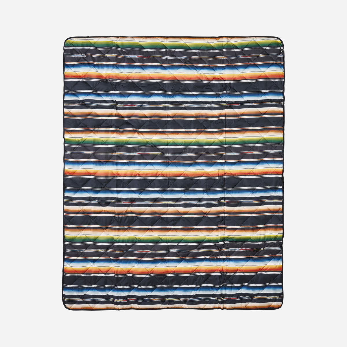 Picnic blanket with colorful horizontal stripes, water-resistant for outdoor use.