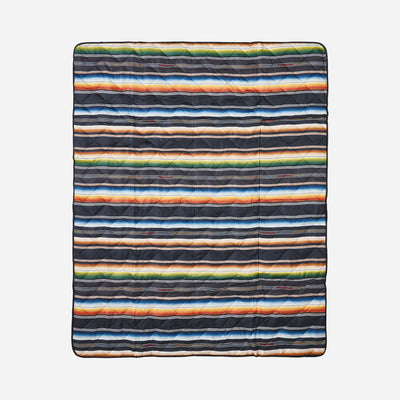 Picnic blanket with colorful horizontal stripes, water-resistant for outdoor use.