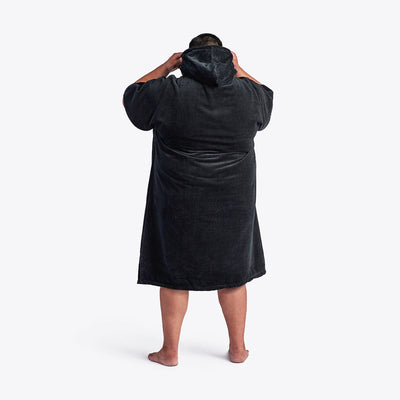 Black heavyweight cotton terry hooded changing poncho.