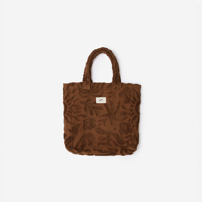 Brown textured tote bag, cotton canvas lining, built-in pocket, small white label.