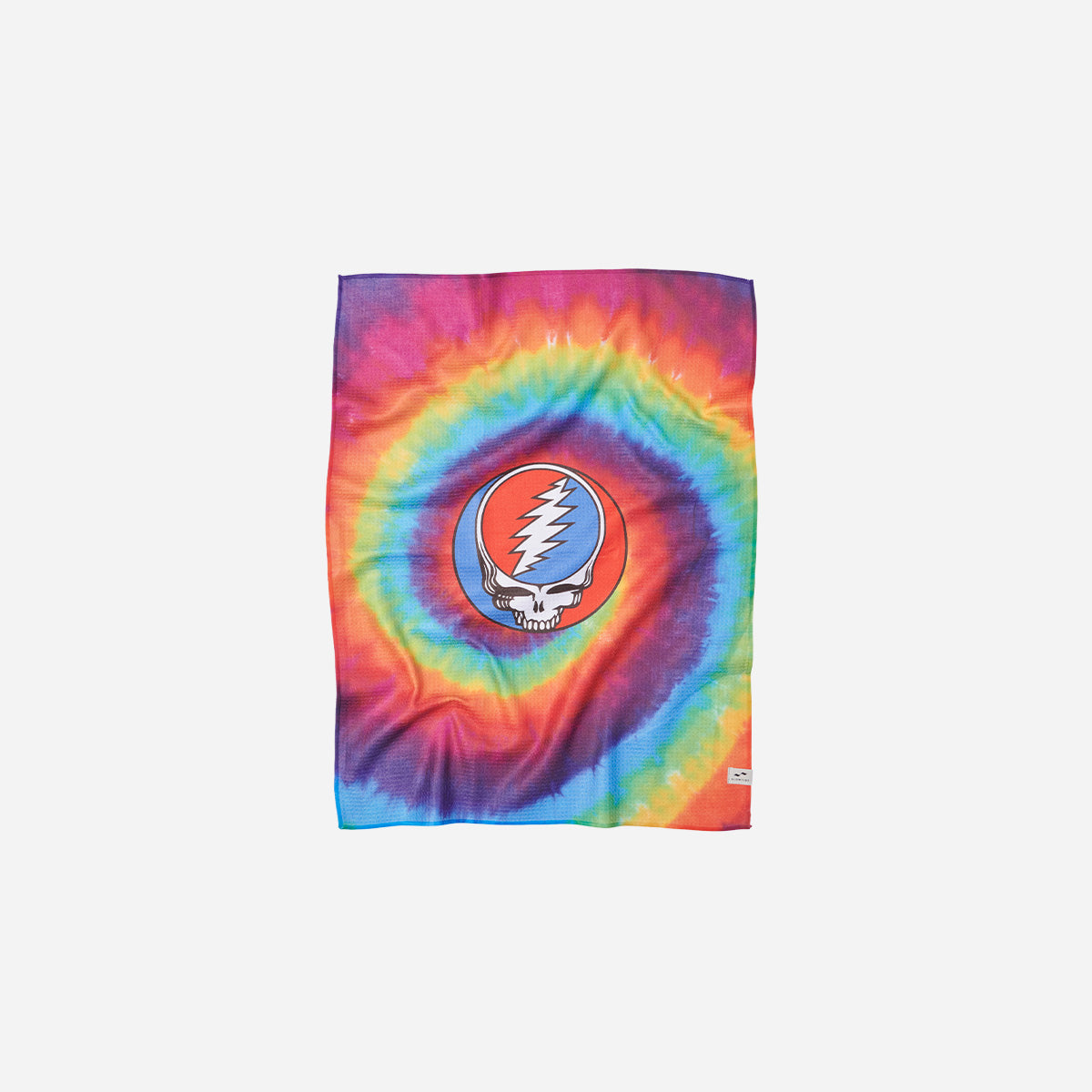 Kitchen towel, rainbow tie-dye, skull and lightning bolt design in center.