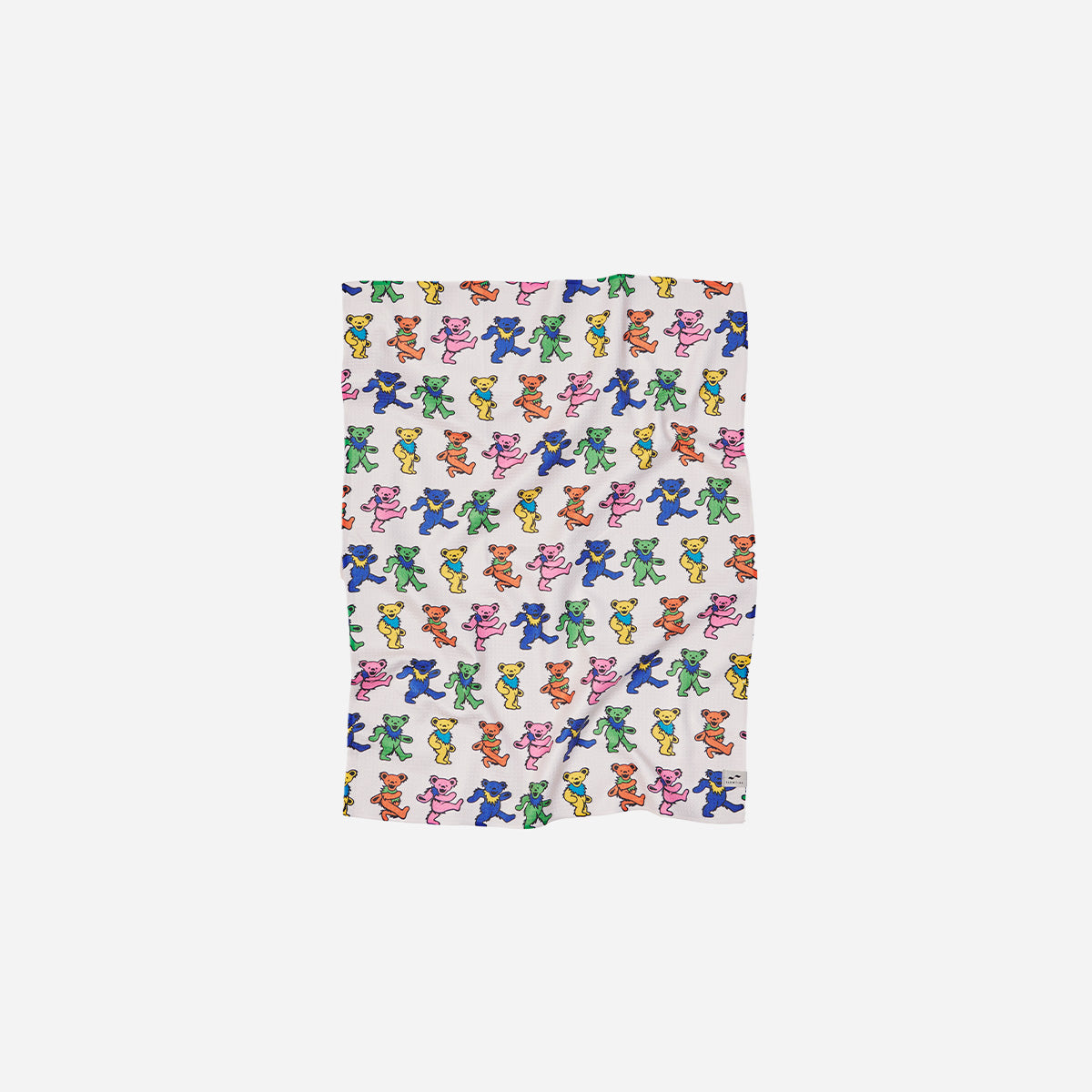 Kitchen towel with quick-dry fabric and colorful Dancing Bears pattern in neat rows.