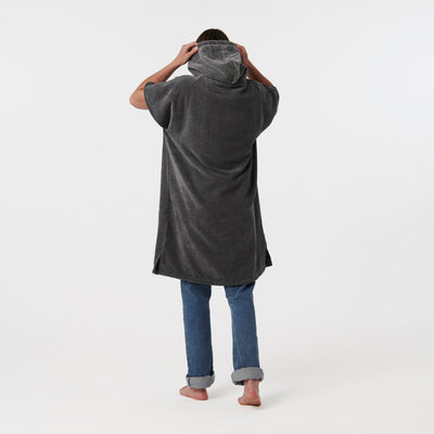 Changing poncho with hood, absorbent fabric, for beach or pool use.