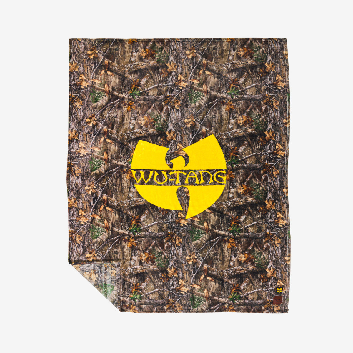 Fleece throw blanket with Realtree camo pattern and large bold yellow logo at center.