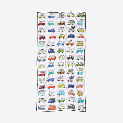 Travel towel with colorful car illustrations on a white background.