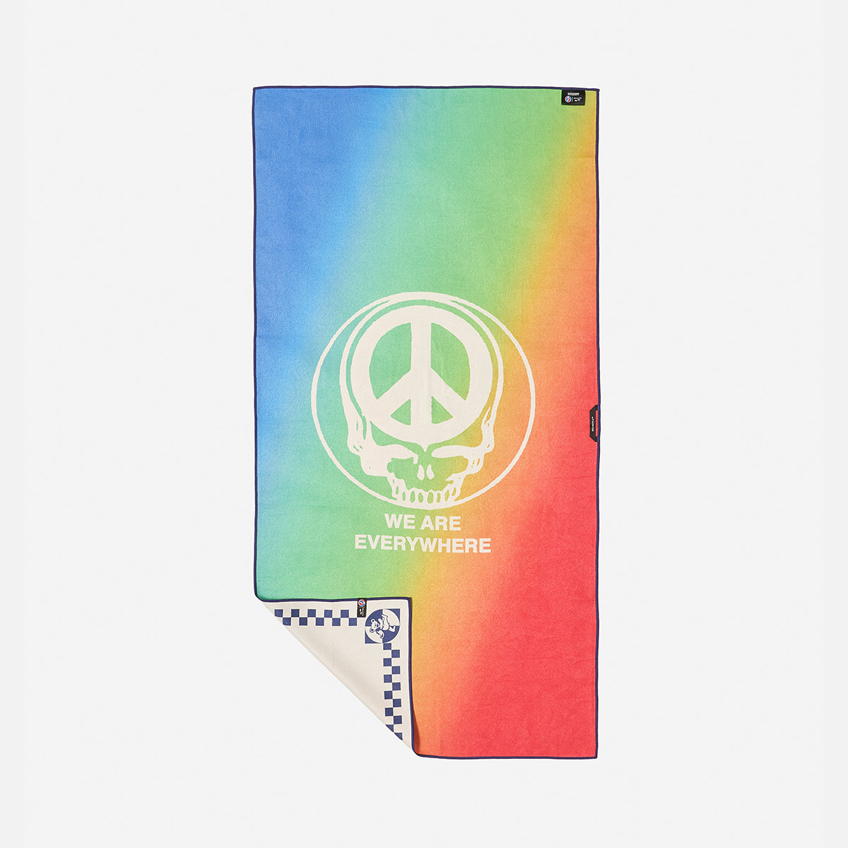 Rainbow towel with peace sign, WE ARE EVERYWHERE text, and checkerboard corner pattern.