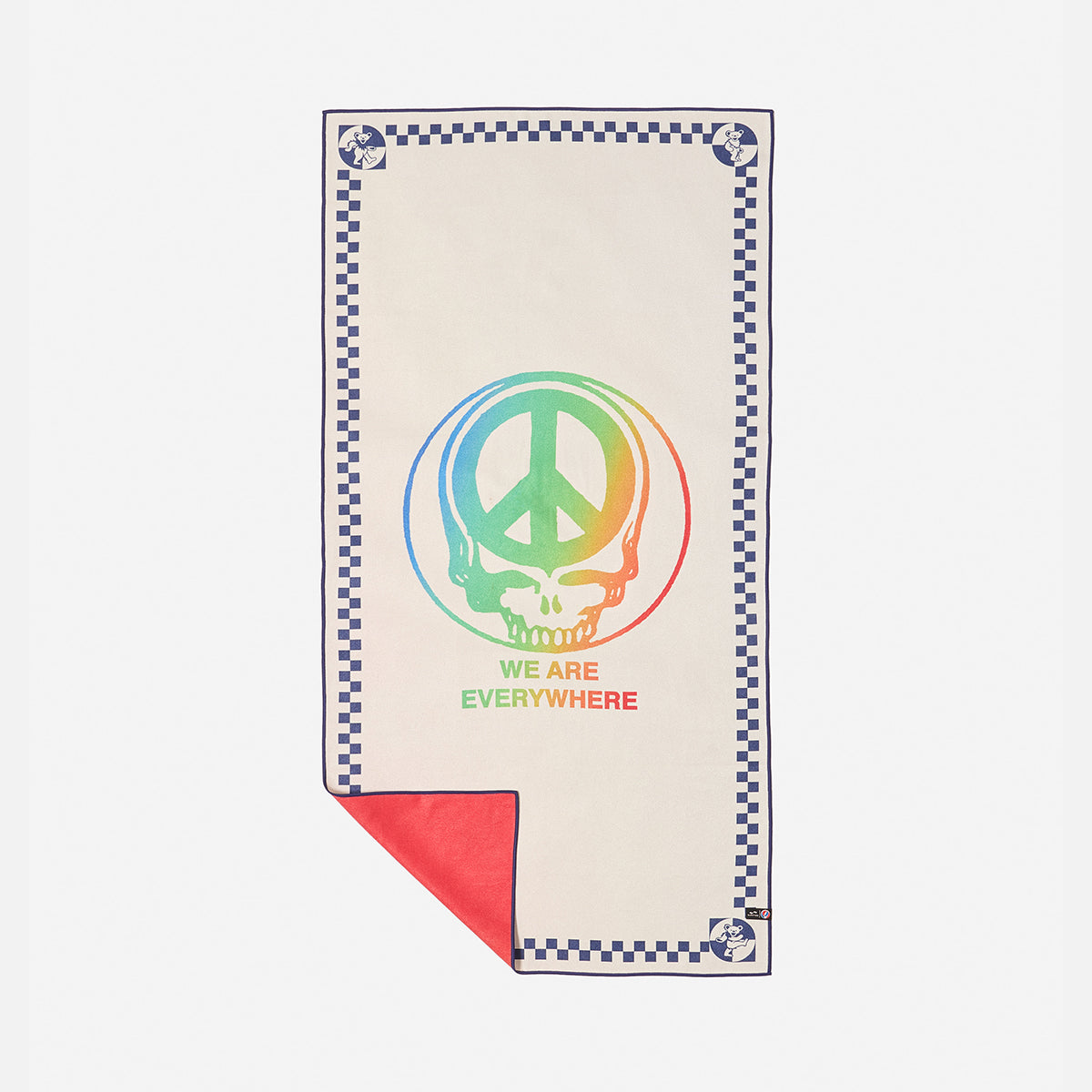 Towel with rainbow peace sign, skull graphic, and We Are Everywhere text, red corner detail.