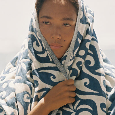 Cotton beach towel featuring an ocean blue wave pattern.