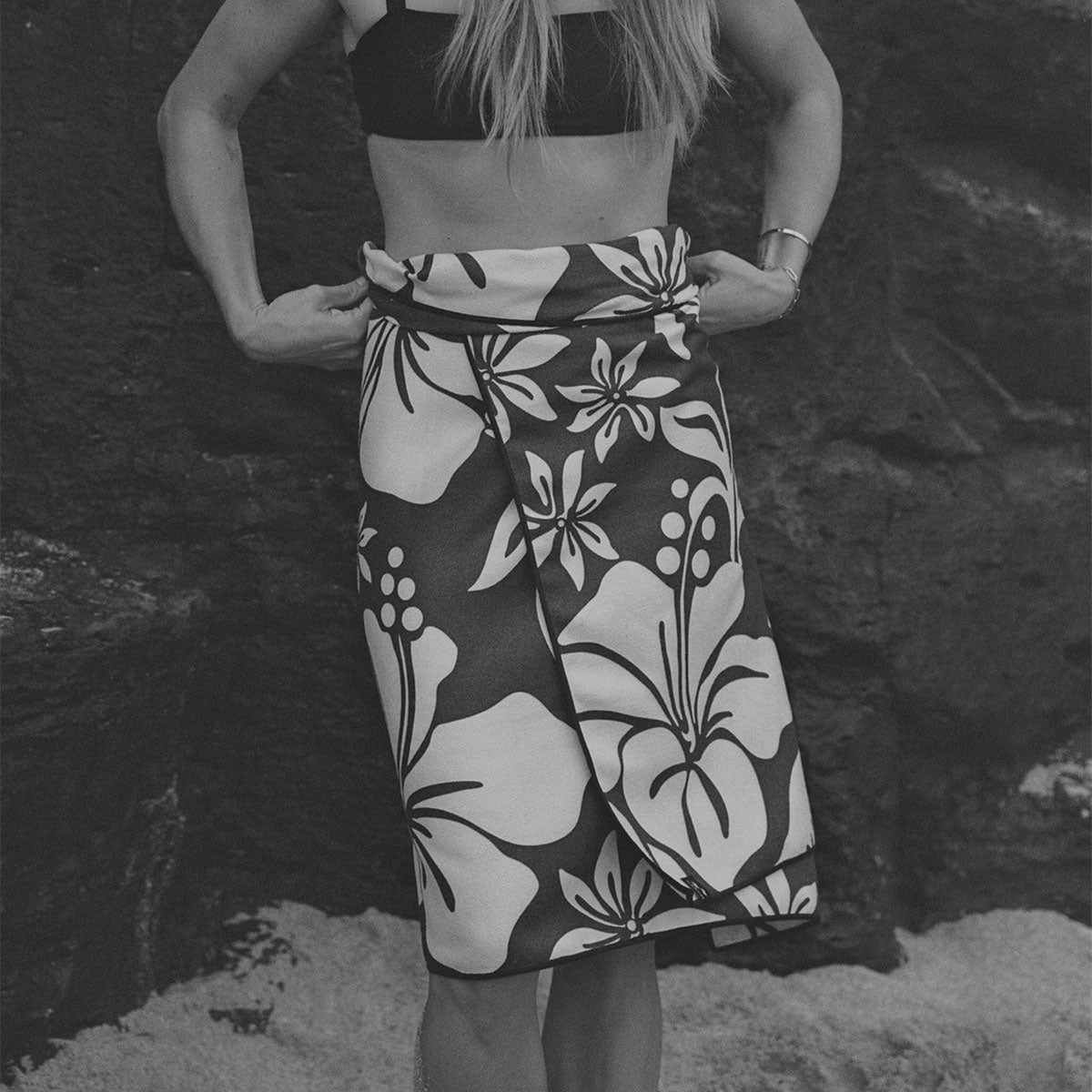 Wrap skirt in recycled towel fabric featuring a large hibiscus floral print.